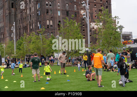 Nonostante il tempo inclemente di migliaia di visitatori accorsi per la grande apertura di Domino Parco nel quartiere di Williamsburg di Brooklyn a New York Domenica, 10 giugno 2018. Occupa il sito del Domino Sugar Co. raffineria, chiusa nel 2004, cinque acri di greenspace ha caratteristiche di acqua, scivoli, una passerella elevata, un Danny Meyer stand alimentari e pallavolo come pure molte altre dotazioni. Progettato da James Corner Field Operations, gli architetti dietro il design della linea alta, la raffineria di mattone di edificio, di cui una volta elaborato il 50 percento di tutto lo zucchero negli Stati uniti rimane per de Foto Stock