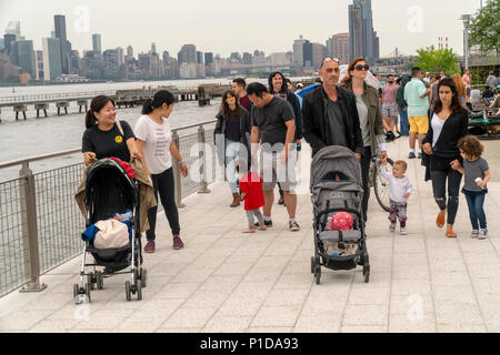 Nonostante il tempo inclemente di migliaia di visitatori accorsi per la grande apertura di Domino Parco nel quartiere di Williamsburg di Brooklyn a New York Domenica, 10 giugno 2018. Occupa il sito del Domino Sugar Co. raffineria, chiusa nel 2004, cinque acri di greenspace ha caratteristiche di acqua, scivoli, una passerella elevata, un Danny Meyer stand alimentari e pallavolo come pure molte altre dotazioni. Progettato da James Corner Field Operations, gli architetti dietro il design della linea alta, la raffineria di mattone di edificio, di cui una volta elaborato il 50 percento di tutto lo zucchero negli Stati uniti rimane per de Foto Stock