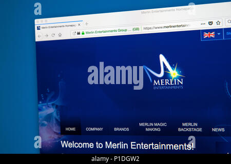 LONDON, Regno Unito - 23 Maggio 2018: la homepage del sito di Merlin Entertainments - una società che operano 127 attrazioni, 19 alberghi e 7 villa di vacanza Foto Stock