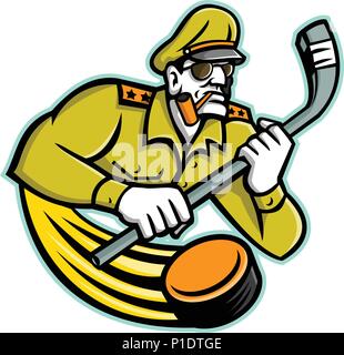 Icona di mascotte illustrazione del busto di un esercito militare generale tenendo una ice hockey stick se visto dalla parte anteriore su sfondo isolato in stile retrò. Illustrazione Vettoriale