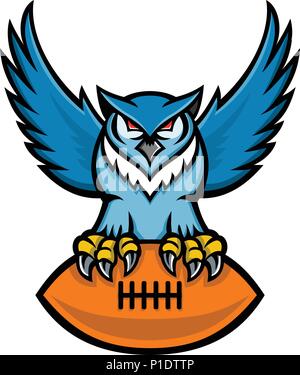 Icona di mascotte illustrazione di un grande gufo cornuto, tiger owl o hoot owl, un grande gufo nativa per le Americhe, stringendo un football americano visualizzati a sfera Illustrazione Vettoriale