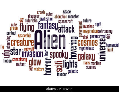 Alien, word cloud concetto su sfondo bianco. Foto Stock