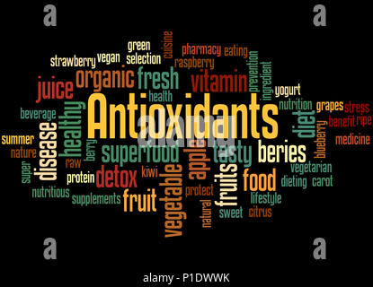 Antiossidanti, word cloud concetto su sfondo nero. Foto Stock