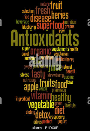 Antiossidanti, word cloud concetto su sfondo nero. Foto Stock