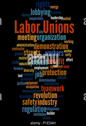 I sindacati, word cloud concetto su sfondo nero. Foto Stock