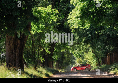 Kosava, Bielorussia - Giugno 7, 2017: Nuova 2018 Mitsubishi Eclipse Croce nel verde della foresta Foto Stock