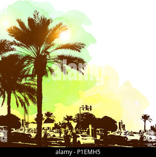 Acquerelli di sfondo con edifici e palme nella città di Dubai, Emirati Arabi Uniti. Concetto di viaggio. Foto Stock