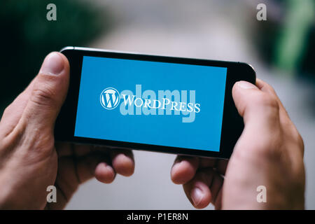 Primo piano dello schermo di iPhone che mostra il logo di Wordpress sullo smartphone Foto Stock