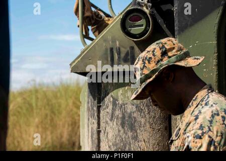 Petty Officer di terza classe Randy Hansen, un ospedale corpsman con società G, battaglione atterraggio squadra, 2° Battaglione, 4° Reggimento Marini, 31 Marine Expeditionary Unit, sorge nei pressi di un assalto anfibio durante il veicolo anfibio filippino sbarco esercizio 33 (PHIBLEX) presso la Naval istruzione e formazione il comando, Filippine, il 5 ottobre 2016. PHIBLEX è un accordo bilaterale in materia di esercizio progettata per migliorare l'interoperabilità, la prontezza e relazioni professionali tra Stati Uniti Marine Corps e nazioni partner. (U.S. Marine Corps foto di Cpl. Jorge A. Rosales) Foto Stock