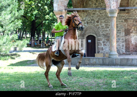 Nis, Serbia - Giugno 10, 2018: il giovane cavaliere a cavallo di salto sul prato in natura. Lo sport e la ricreazione concept Foto Stock