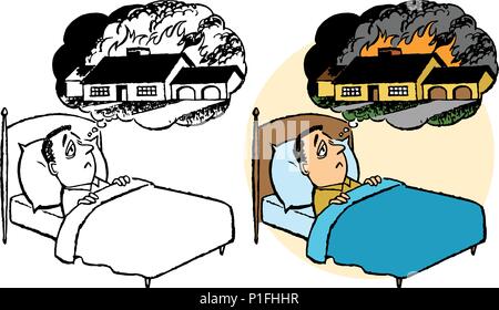 Un uomo giace nel letto non riesce a dormire preoccupati circa la sua casa burning down. Illustrazione Vettoriale
