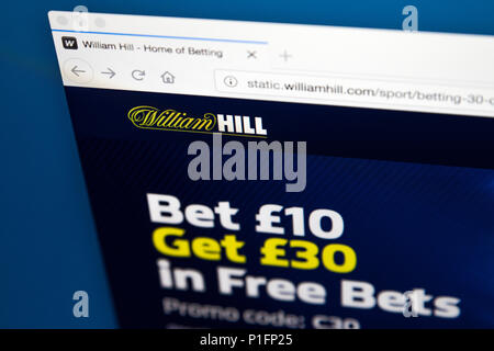 LONDON, Regno Unito - 17 Maggio 2018: la homepage del sito ufficiale di William Hill plc - il bookmaker con base a Londra, Inghilterra, il 17 maggio 2018. Foto Stock