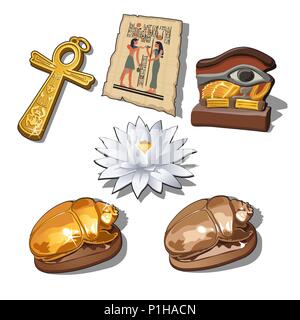 Un set di simboli sacri e manufatti di antico Egitto isolato su uno sfondo bianco. Illustrazione Vettoriale. Illustrazione Vettoriale