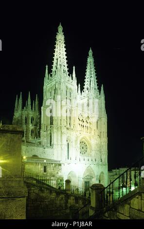 Catedral, fachada iluminada (gótica ) (Camino de Santiago). Foto Stock