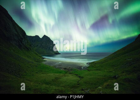 Luci del nord nel cielo notturno sulla spiaggia solitaria, Kvalvika, Moskenesoy, Lofoten, Norvegia Foto Stock