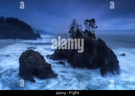 Le onde che si infrangono a formazioni rocciose nella Samuel H. Boardman Scenic corridoio, Curry County, Oregon, Stati Uniti d'America Foto Stock