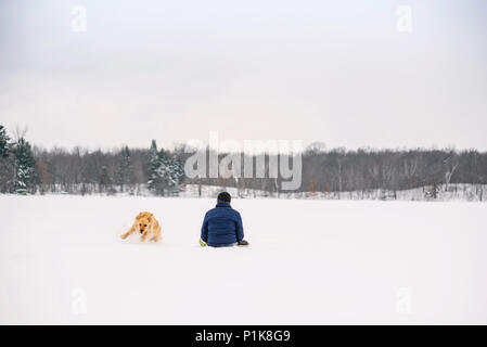 Uomo e cane a giocare nella neve Foto Stock