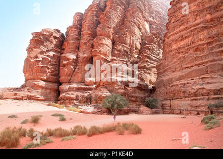 Grande rupe di Khazali Canyon di Wadi Rum contenente molte iscrizioni rupestri. Il Wadi Rum, Giordania Foto Stock