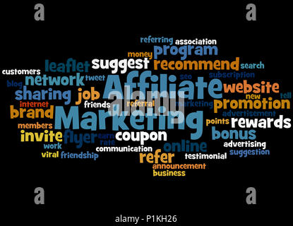 Il marketing di affiliazione, word cloud concetto su sfondo nero. Foto Stock