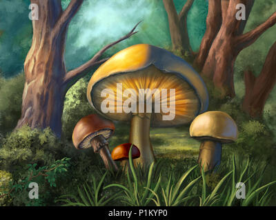 Alcuni funghi colorati in una piccola radura di legno. Illustrazione Digitale. Foto Stock