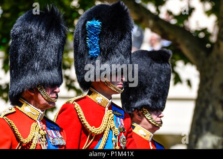 Trooping il colore 2018. Il Royal colonnelli Prince William, il Principe Carlo, il principe Andréj, duca di Cambridge, duca di Cornovaglia, duca di York Foto Stock