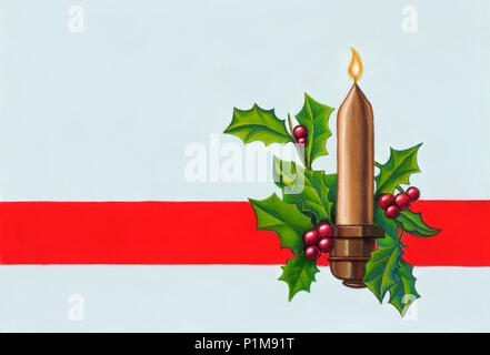 Decorazione di natale con candela. Dipinto a mano illustrazione. Foto Stock