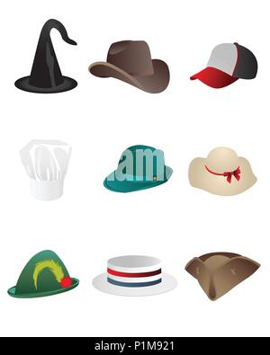 Illustrazione Vettoriale di disegnati a mano insieme di schizzo cappelli colorati Illustrazione Vettoriale