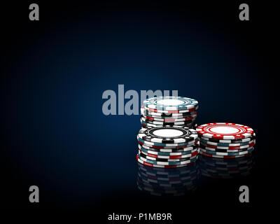 Casino chip stack. 3d illustrazione in bianco e nero e sfondo blu Foto Stock