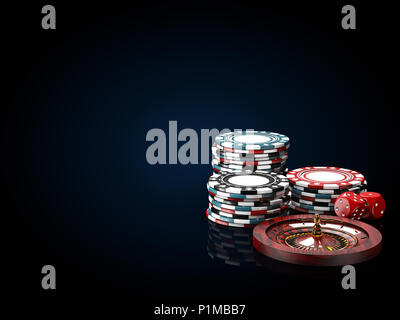 Casino chip stack con roulette e dadi. 3d illustrazione in bianco e nero e sfondo blu Foto Stock