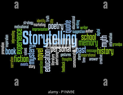 Storytelling , word cloud concetto su sfondo nero. Foto Stock