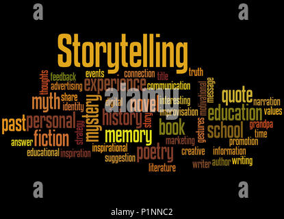 Storytelling , word cloud concetto su sfondo nero. Foto Stock