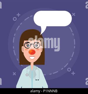 Discorso bolla e cartoon donna medico con naso rosso su sfondo viola, design colorato. illustrazione vettoriale Illustrazione Vettoriale