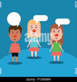 Cartoon kids con il naso rosso e il discorso bolla su sfondo blu, illustrazione vettoriale Illustrazione Vettoriale