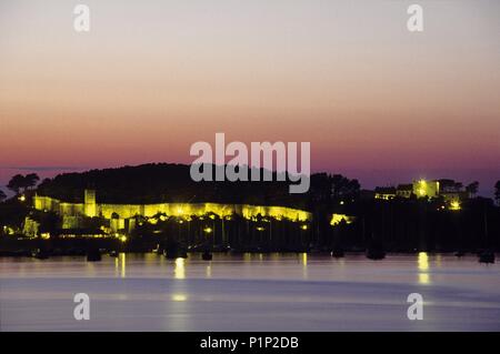 Baiona / Bayona; Montereal penisola e "Parador Nacional de Turismo" (Hotel Rias Bajas regione). Foto Stock