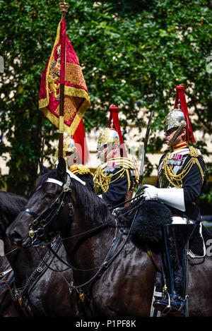 Trooping il colore 2018. Il Blues e il Royals con standard. Montate i soldati di cavalleria per uso domestico in Mall, London, Regno Unito Foto Stock