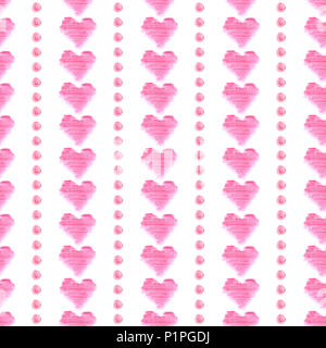 Modello senza cuciture con rosa cuori ad acquerello su sfondo bianco. Foto Stock