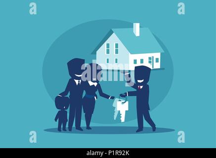 In stile appartamento foto di agente immobiliare casa vendita alla famiglia felice e dando la chiave. Illustrazione Vettoriale