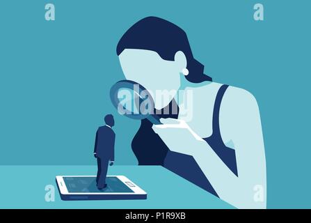 Vettore di una donna con lente di ingrandimento guardando un uomo in piedi su un gadget moderno dispositivo, smartphone o tablet Illustrazione Vettoriale