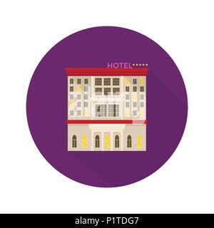 Piatto icona vettore con costosi hotel di lusso, alloggi dettagliate facciata di edificio con lunga ombra. Viaggi e turismo concept Illustrazione Vettoriale