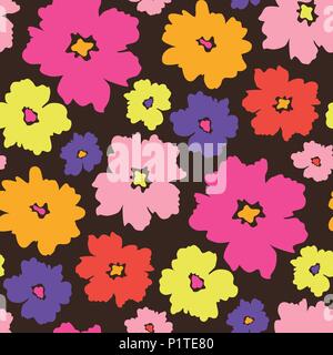 Colorata scala grandi fiori stilizzati su sfondo marrone. Bold disegnati a mano il minimo estate floreali. Petalo power trend. Vettore seamless floral pattern. Illustrazione Vettoriale