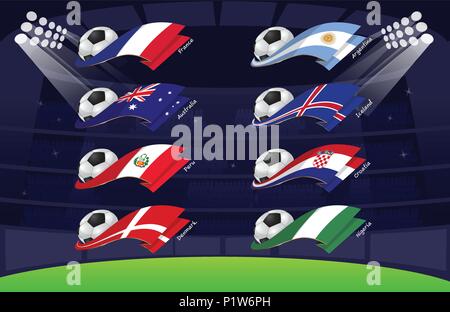 Bandiera World soccer 2018,Iran; Nigeria,croazia,l'Islanda,l'Argentina,Danimarca,Perù,l'Australia,Francia Illustrazione Vettoriale