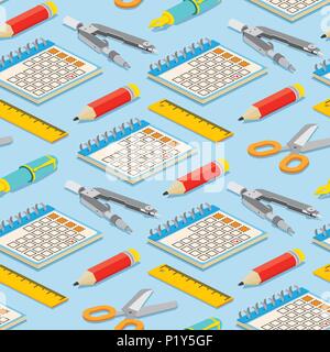 Modello senza cuciture con coppia isometrica di compassi, calendario, penna stilografica, matite e forbici su sfondo blu. Illustrazione Vettoriale. Illustrazione Vettoriale