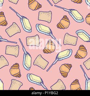 Vettore di Seamless pattern colorati con pane burro e croissant Illustrazione Vettoriale