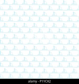 Seamless pattern del mare blu con le navi a vela su sfondo bianco. Nautica carta da parati bambino pattern con barche di contorno sulle onde dell'oceano. Illustrati del vettore Illustrazione Vettoriale