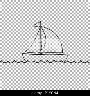 Vettore di contorno nero delineano silhouette illustrazione della nave a vela trasporto floating sulle onde del mare. Yacht boat icona isolate su bac trasparente Illustrazione Vettoriale