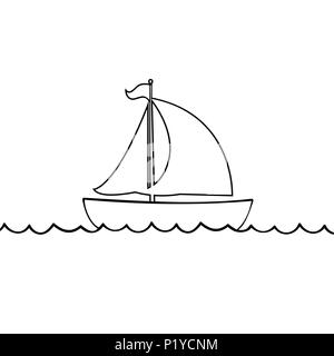 Vettore di contorno nero delineano silhouette illustrazione della nave a vela trasporto floating sulle onde del mare. Yacht boat icona isolato su bianco backgroun Illustrazione Vettoriale