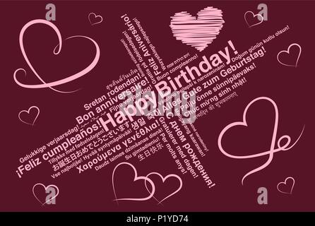 Buon compleanno in diverse lingue wordcloud biglietto di auguri con forme di cuore Illustrazione Vettoriale