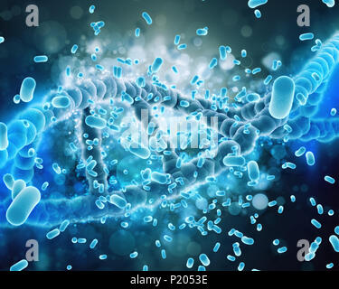 3D render di un medico di sfondo con filamenti di DNA di essere attaccato da un virus cellule Foto Stock