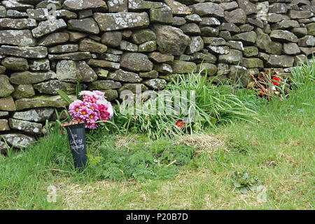 Semplice omaggi floreali sinistra 'in memoriam" da una pietra a secco sulla parete Longridge cadde, Lancashire Foto Stock