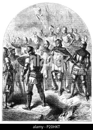 La battaglia di Agincourt, 25 ottobre 1415, è stata una grande vittoria inglese in centinaia di anni di guerra che ha preso il posto di una quarantina di chilometri a sud di Calais. La battaglia è notevole per l'uso dell'inglese longbow in grandi numeri, con l'inglese e gallese formando gli arcieri fino a 80 percento di Henry's esercito. La decimazione della cavalleria francese a loro mani è considerata come un indicatore del declino della cavalleria e l inizio del criterio della posizione dominante di intervalli di armi sul campo di battaglia. Foto Stock